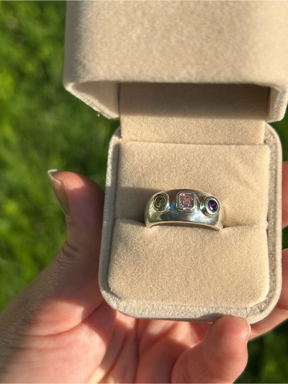 Sterling Silver Multi-Gem Band Modernist Ring with Pink Center Stone